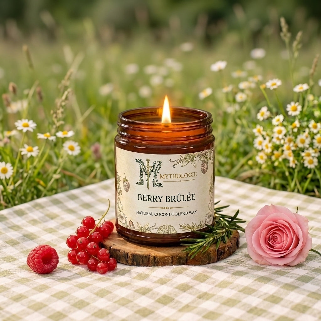 Mythologie Berry Bréèèe candle on a checkered tablecloth with flowers and berries in a natural setting.