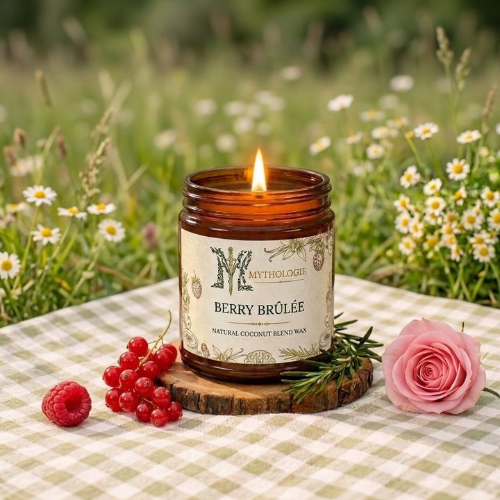 Mythologie Berry Bréèèe candle on a checkered tablecloth with flowers and berries in a natural setting.