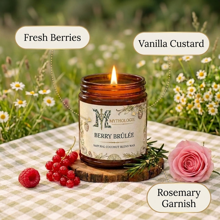 Mythologie Berry Bréèle candle with fresh berries, vanilla custard, and rosemary garnish on a checkered tablecloth.