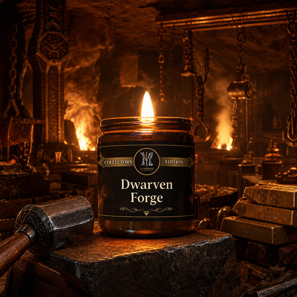 Dwarven Forge 16oz Collectors Edition candle in underground forge setting