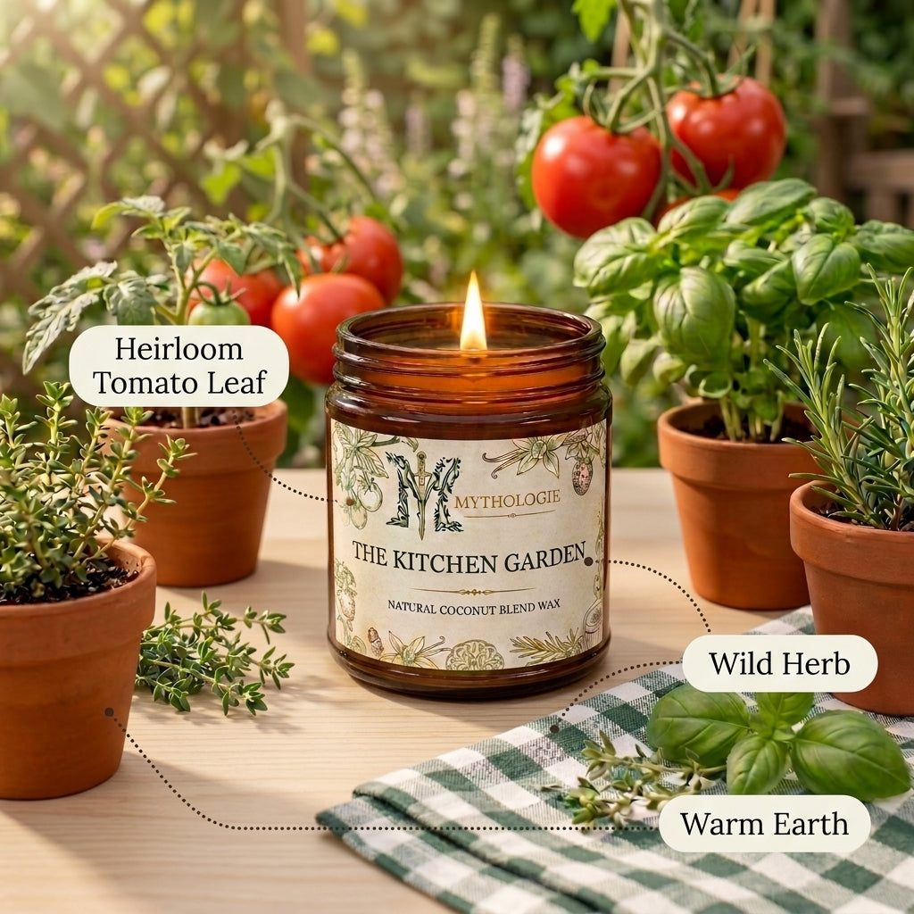 Mythologie candle labeled 'The Kitchen Garden' surrounded by potted plants and tomatoes.