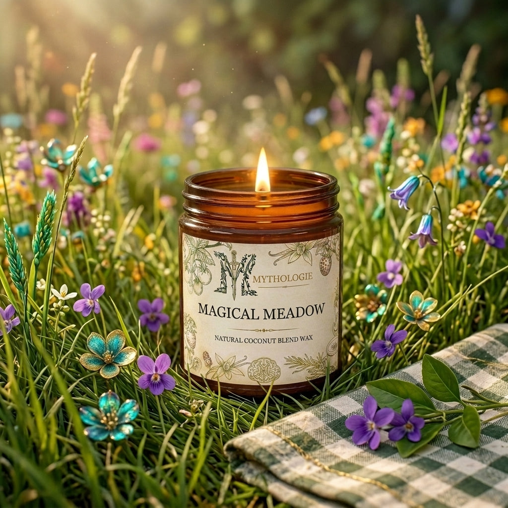Mythologie Magical Meadow candle in a field of flowers