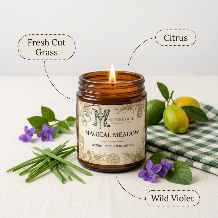 Candle labeled 'Magical Meadow' with botanical elements on a light background