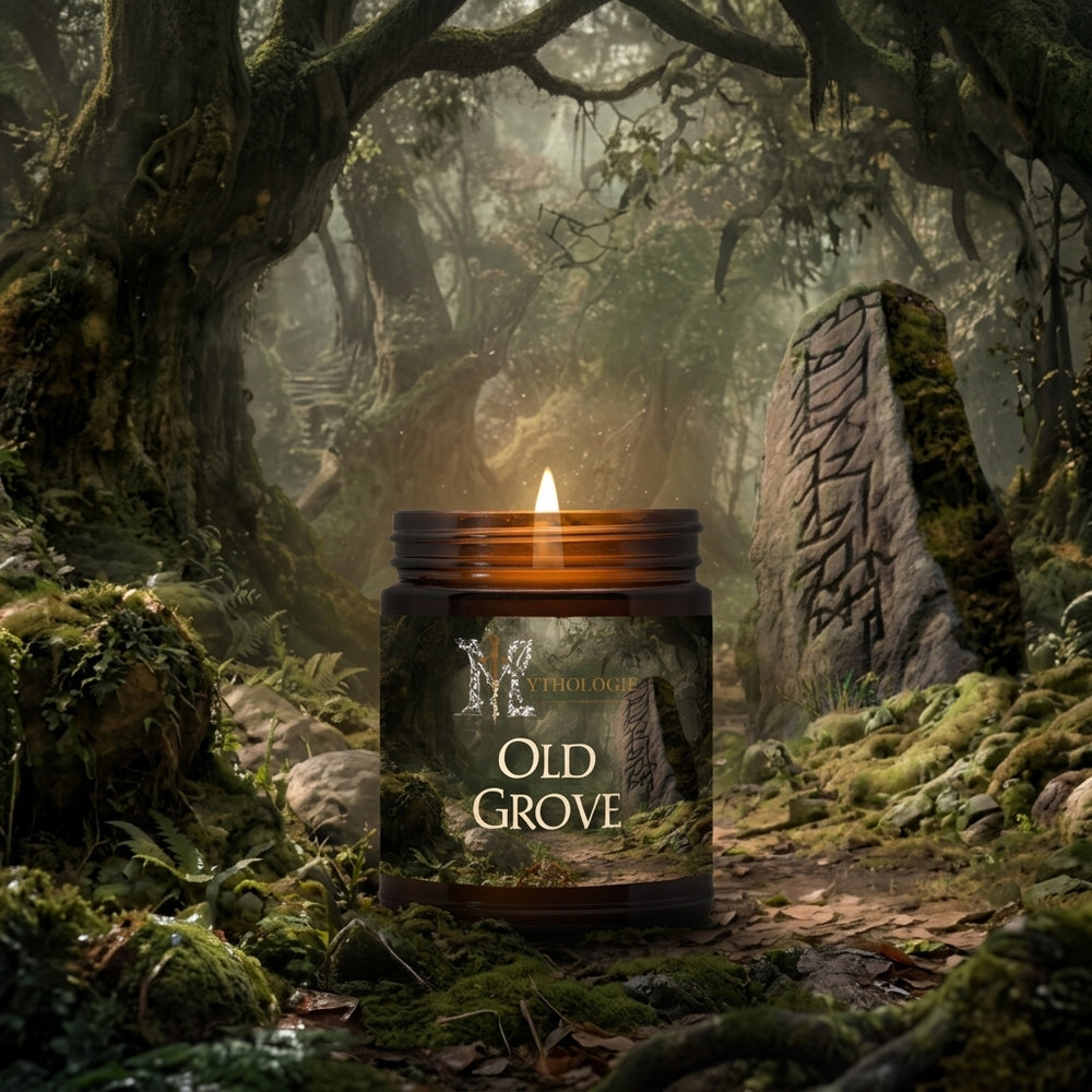 Candle labeled 'Old Grove' in a mystical forest setting