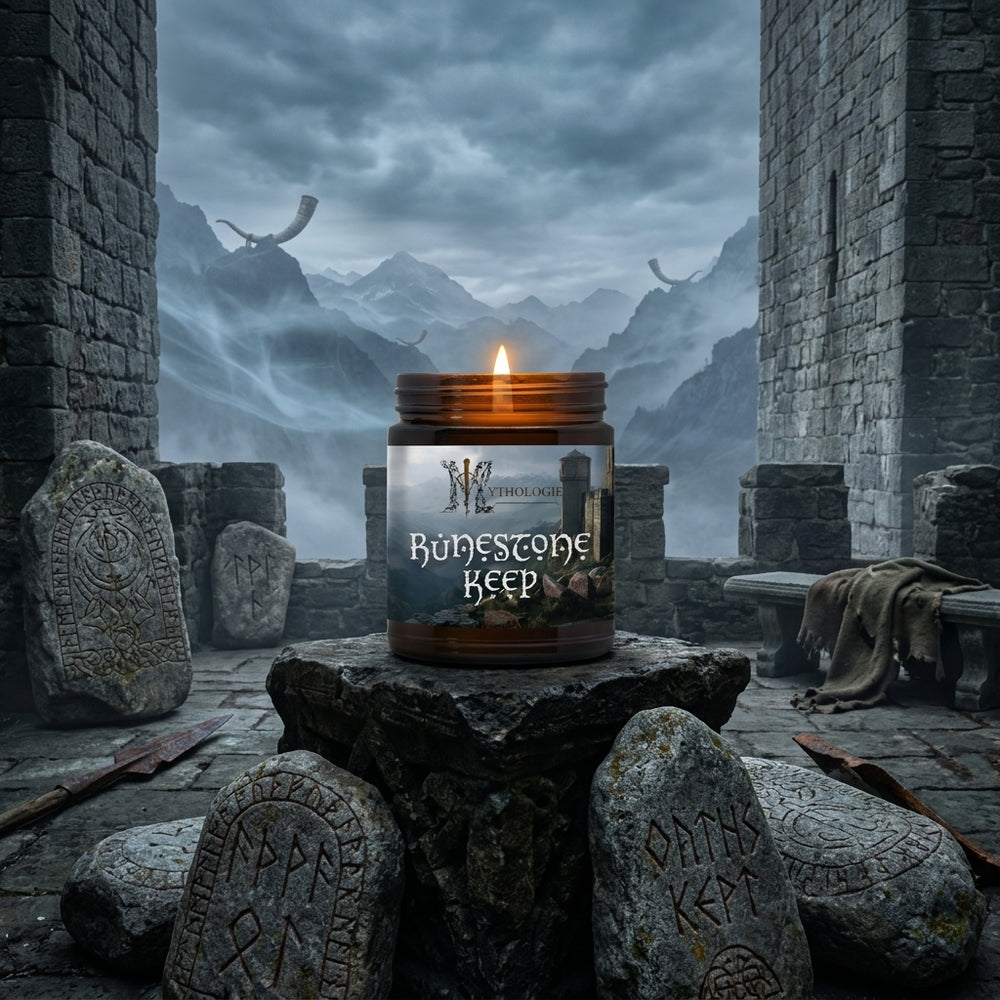 Candle labeled 'Runestone Keep' in a fantasy setting with stone architecture and mountains.