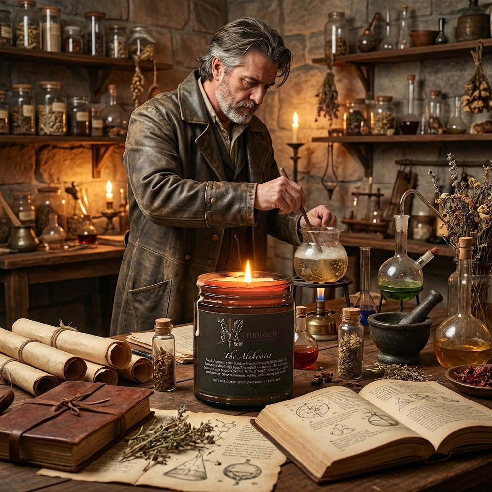 Man in a historical setting, an alchemist, working with a candle and books in a room filled with potions and herbs.