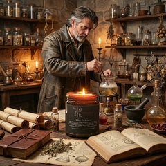 Man in a historical setting, an alchemist, working with a candle and books in a room filled with potions and herbs.