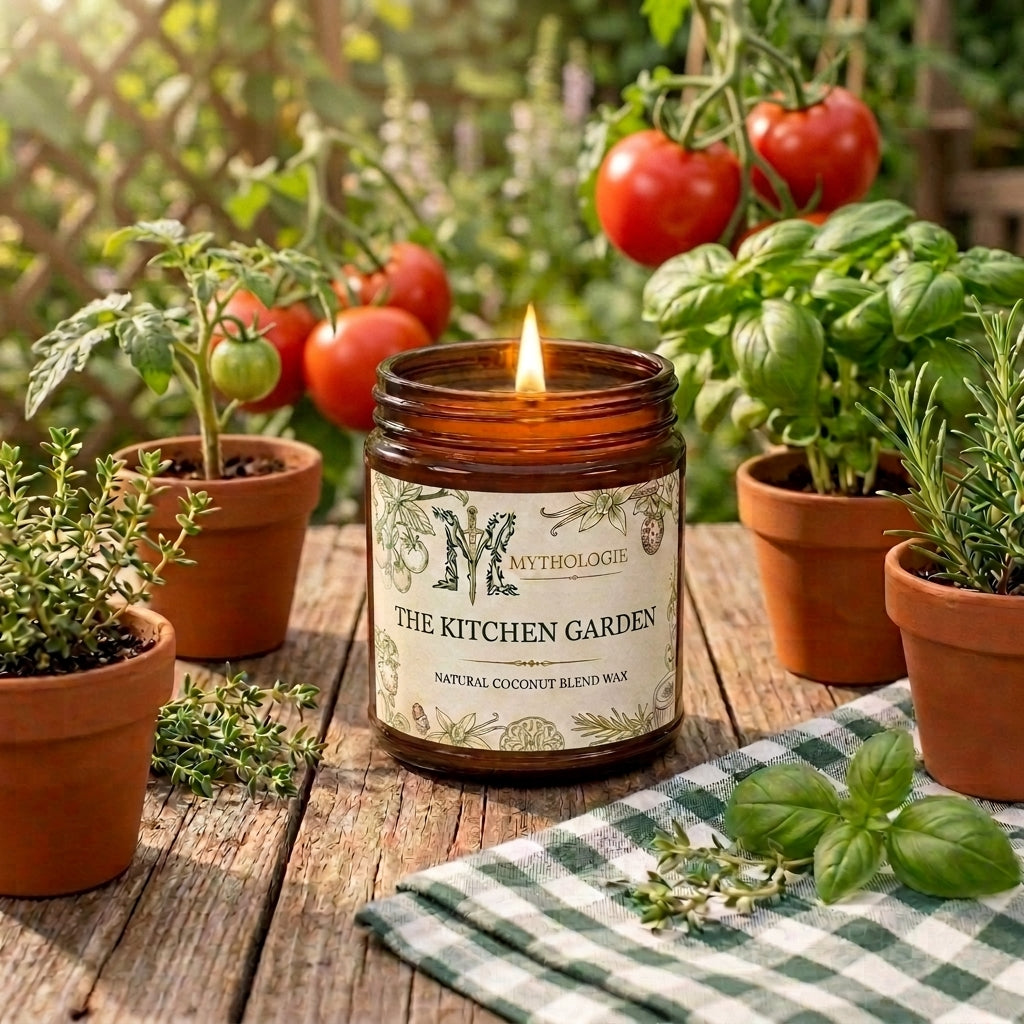 Candle labeled 'The Kitchen Garden' surrounded by potted plants and tomatoes on a wooden surface.