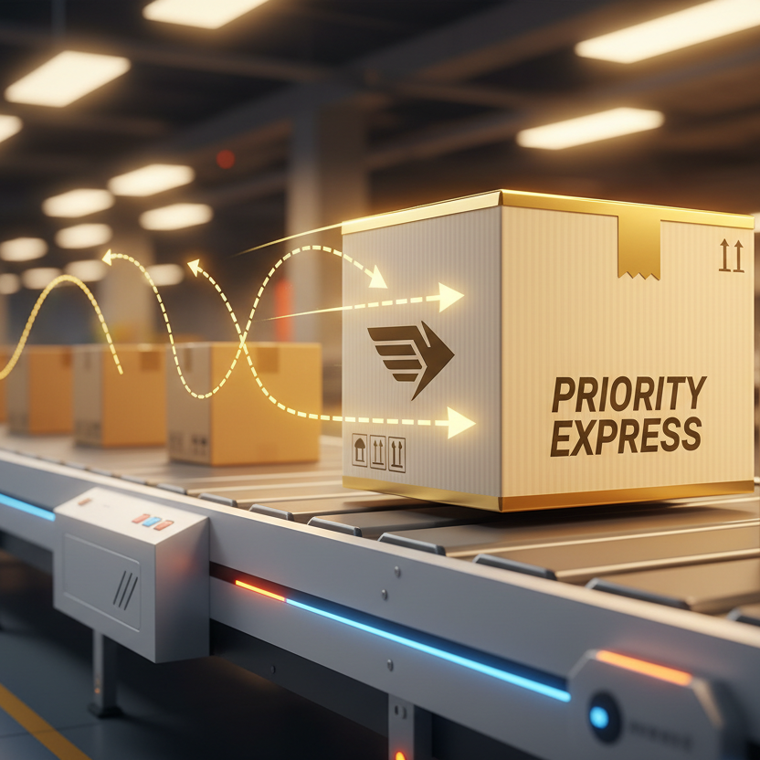 a shipping box and illustrate it being sent to the front of the shipping line