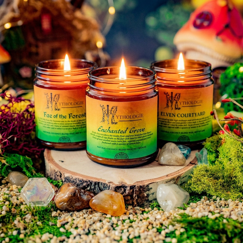 Three lit candles with labels on a wooden platform surrounded by nature-themed decor.