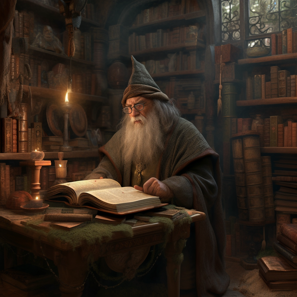 A digital illustration of an older gentleman with a white beard, wearing a hat, seated at a desk in a dimly lit room filled with books, reading a large book.