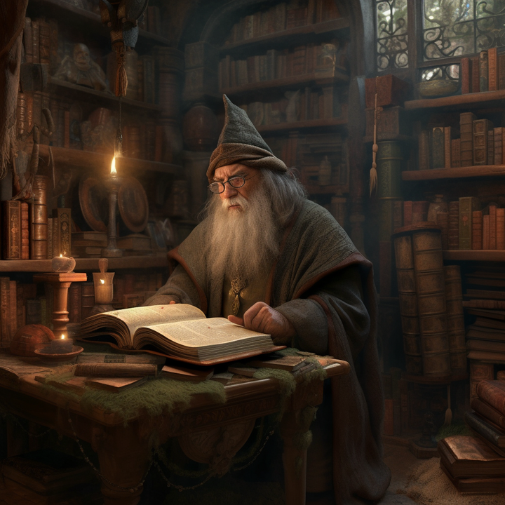 A digital illustration of an older gentleman with a white beard, wearing a hat, seated at a desk in a dimly lit room filled with books, reading a large book.