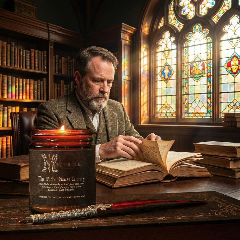 Man reading a book in a library with a lit tudor house library candle and stained glass windows.